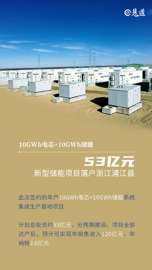 10GWh电芯 10GWh储能53亿元新型储能项目落户浙江浦江县 见道网