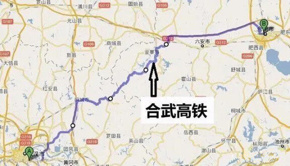 省合肥市,向西经六安市,金寨县,之后进入湖北境内,过麻城市,红安县